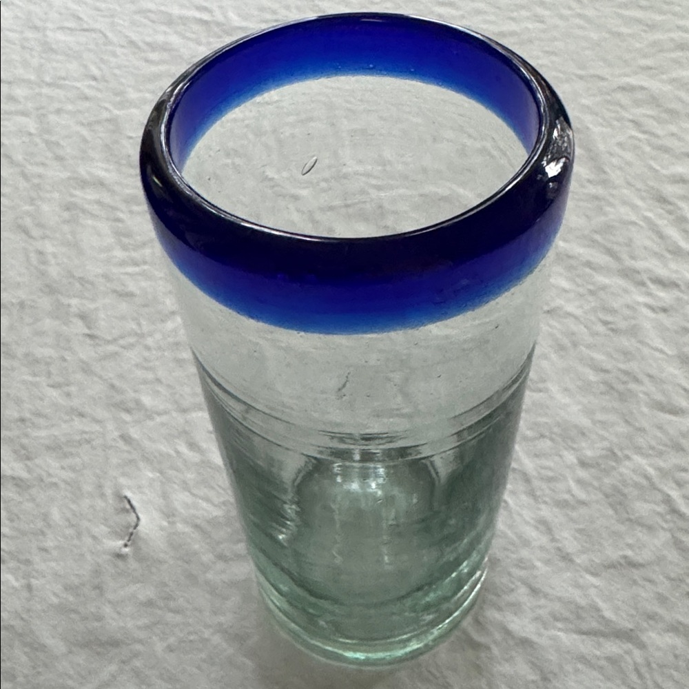 MEXICO HANDBLOWN GLASS COBALT BLUE RIM 14 Ounces REPLACEMENT BARWARE VINTAGE 90s
